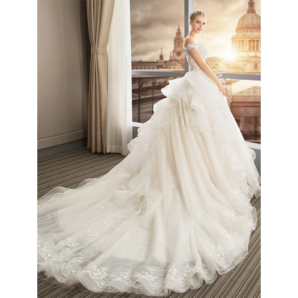 Elegant Champagne Wedding Dresses 2019 A-Line / Princess Off-The-Shoulder Short Sleeve Backless Appliques Lace Pearl Chapel Train Ruffle