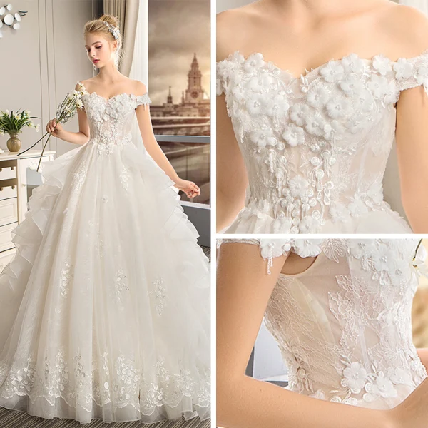 Elegant Champagne Wedding Dresses 2019 A-Line / Princess Off-The-Shoulder Short Sleeve Backless Appliques Lace Pearl Chapel Train Ruffle