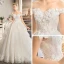 Elegant Champagne Wedding Dresses 2019 A-Line / Princess Off-The-Shoulder Short Sleeve Backless Appliques Lace Pearl Chapel Train Ruffle