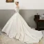 Vintage / Retro Ivory Satin Wedding Dresses 2019 A-Line / Princess Off-The-Shoulder Puffy Long Sleeve Backless Chapel Train Ruffle