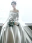 Vintage / Retro Ivory Satin Wedding Dresses 2019 A-Line / Princess Off-The-Shoulder Puffy Long Sleeve Backless Chapel Train Ruffle