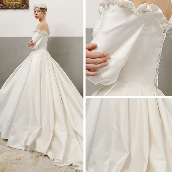 Vintage / Retro Ivory Satin Wedding Dresses 2019 A-Line / Princess Off-The-Shoulder Puffy Long Sleeve Backless Chapel Train Ruffle