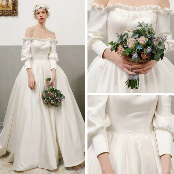 Vintage / Retro Ivory Satin Wedding Dresses 2019 A-Line / Princess Off-The-Shoulder Puffy Long Sleeve Backless Chapel Train Ruffle