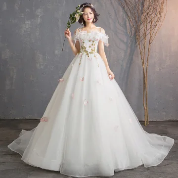 Affordable Ivory Wedding Dresses 2019 A Line Princess Off The Shoulder Short Sleeve Backless Butterfly Appliques Lace Flower Court Train Ruffle