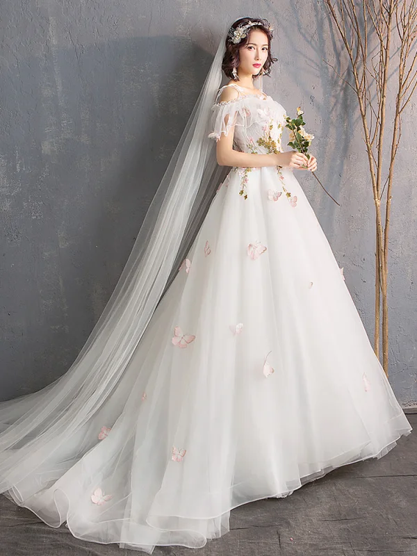 Affordable Ivory Wedding Dresses 2019 A-Line / Princess Off-The-Shoulder Short Sleeve Backless Butterfly Appliques Lace Flower Court Train Ruffle