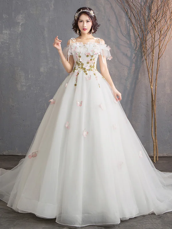 Affordable Ivory Wedding Dresses 2019 A-Line / Princess Off-The-Shoulder Short Sleeve Backless Butterfly Appliques Lace Flower Court Train Ruffle