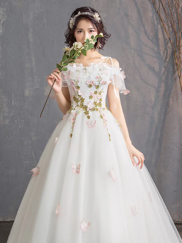 Affordable Ivory Wedding Dresses 2019 A-Line / Princess Off-The-Shoulder Short Sleeve Backless Butterfly Appliques Lace Flower Court Train Ruffle