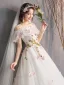 Affordable Ivory Wedding Dresses 2019 A-Line / Princess Off-The-Shoulder Short Sleeve Backless Butterfly Appliques Lace Flower Court Train Ruffle