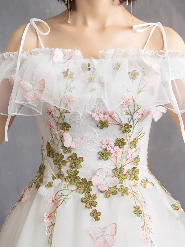 Affordable Ivory Wedding Dresses 2019 A-Line / Princess Off-The-Shoulder Short Sleeve Backless Butterfly Appliques Lace Flower Court Train Ruffle