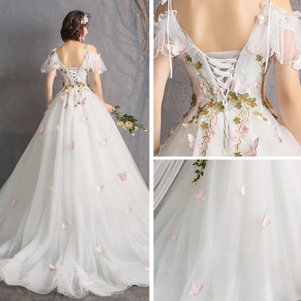 Affordable Ivory Wedding Dresses 2019 A-Line / Princess Off-The-Shoulder Short Sleeve Backless Butterfly Appliques Lace Flower Court Train Ruffle