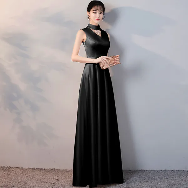 Affordable Black Satin Evening Dresses  2019 A-Line / Princess High Neck Sleeveless Beading Tassel Sash Floor-Length / Long Ruffle Formal Dresses