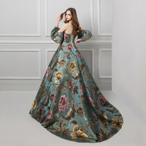 Colored Green Prom Dresses 2019 Ball Gown Strapless Short Sleeve Printing Flower Court Train Ruffle Backless Formal Dresses