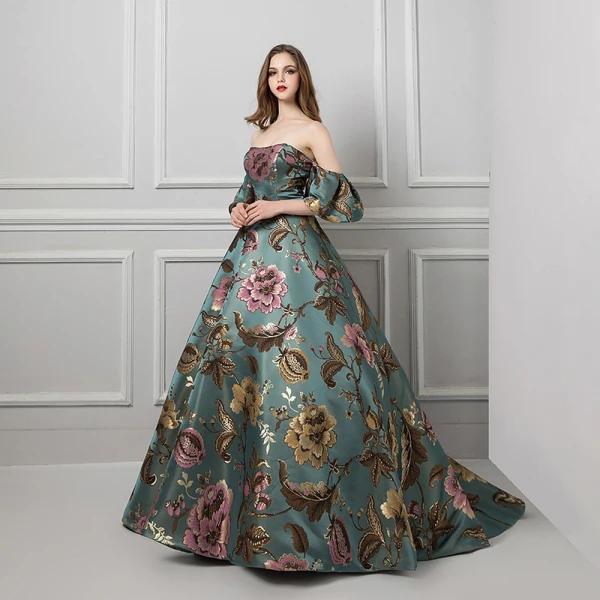 Colored Green Prom Dresses 2019 Ball Gown Strapless Short Sleeve Printing Flower Court Train Ruffle Backless Formal Dresses