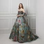 Colored Green Prom Dresses 2019 Ball Gown Strapless Short Sleeve Printing Flower Court Train Ruffle Backless Formal Dresses