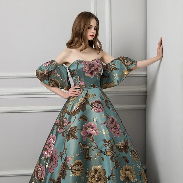 Colored Green Prom Dresses 2019 Ball Gown Strapless Short Sleeve Printing Flower Court Train Ruffle Backless Formal Dresses
