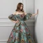 Colored Green Prom Dresses 2019 Ball Gown Strapless Short Sleeve Printing Flower Court Train Ruffle Backless Formal Dresses