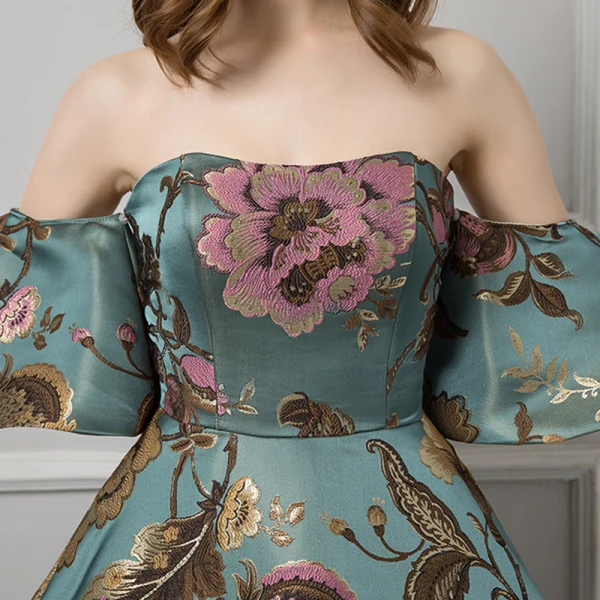 Colored Green Prom Dresses 2019 Ball Gown Strapless Short Sleeve Printing Flower Court Train Ruffle Backless Formal Dresses