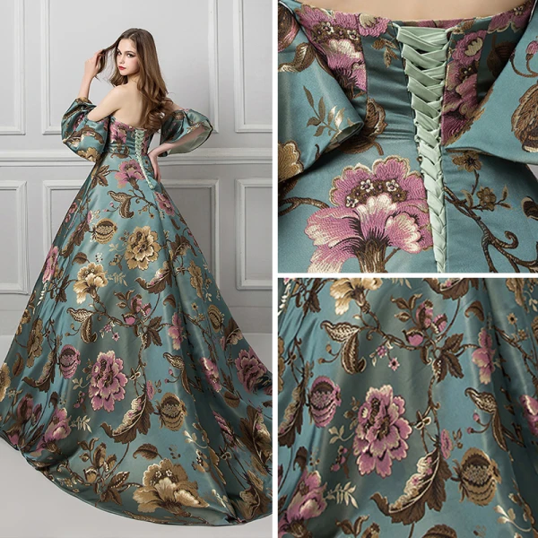 Colored Green Prom Dresses 2019 Ball Gown Strapless Short Sleeve Printing Flower Court Train Ruffle Backless Formal Dresses