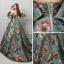 Colored Green Prom Dresses 2019 Ball Gown Strapless Short Sleeve Printing Flower Court Train Ruffle Backless Formal Dresses