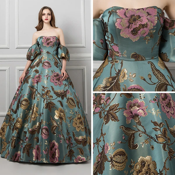 Colored Green Prom Dresses 2019 Ball Gown Strapless Short Sleeve Printing Flower Court Train Ruffle Backless Formal Dresses