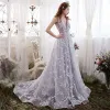 Chic / Beautiful Silver Evening Dresses  2017 A-Line / Princess V-Neck Sleeveless Lace Appliques Star Court Train Backless Formal Dresses