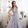 Chic / Beautiful Silver Evening Dresses  2017 A-Line / Princess V-Neck Sleeveless Lace Appliques Star Court Train Backless Formal Dresses