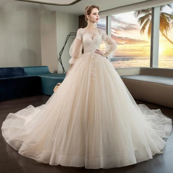 Romantic Champagne See Through Wedding Dresses 2019 A Line Princess Scoop Neck Puffy 3 4 Sleeve Backless Appliques Lace Beading Crystal Glitter Tulle Chapel Train Ruffle