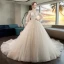 Romantique Champagne Transparentes Robe De Mariée 2019 Princesse Encolure Dégagée Gonflée 3/4 Manches Dos Nu Appliques En Dentelle Perlage Cristal Glitter Tulle Chapel Train Volants