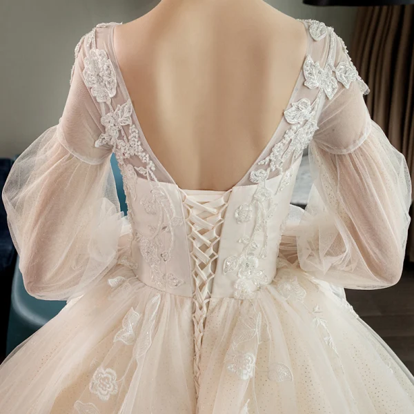 Romantique Champagne Transparentes Robe De Mariée 2019 Princesse Encolure Dégagée Gonflée 3/4 Manches Dos Nu Appliques En Dentelle Perlage Cristal Glitter Tulle Chapel Train Volants
