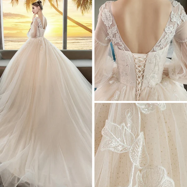 Romantique Champagne Transparentes Robe De Mariée 2019 Princesse Encolure Dégagée Gonflée 3/4 Manches Dos Nu Appliques En Dentelle Perlage Cristal Glitter Tulle Chapel Train Volants