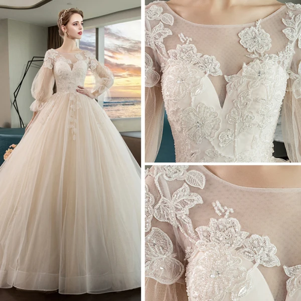 Romantique Champagne Transparentes Robe De Mariée 2019 Princesse Encolure Dégagée Gonflée 3/4 Manches Dos Nu Appliques En Dentelle Perlage Cristal Glitter Tulle Chapel Train Volants
