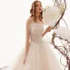 Elegant Champagne Outdoor / Garden Wedding Dresses 2019 A-Line / Princess Spaghetti Straps Sleeveless Backless Appliques Lace Beading Floor-Length / Long Ruffle