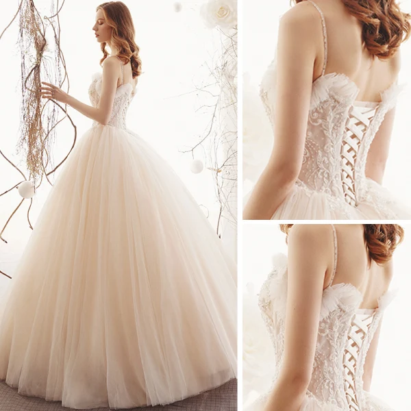 Élégant Champagne Jardin / Extérieur Robe De Mariée 2019 Princesse Bretelles Spaghetti Sans Manches Dos Nu Appliques En Dentelle Perlage Longue Volants