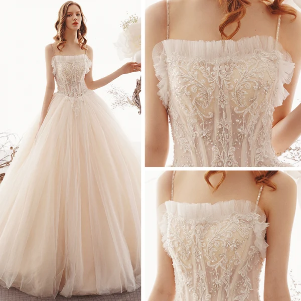 Élégant Champagne Jardin / Extérieur Robe De Mariée 2019 Princesse Bretelles Spaghetti Sans Manches Dos Nu Appliques En Dentelle Perlage Longue Volants