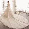 Luxury / Gorgeous Champagne See-through Wedding Dresses 2019 A-Line / Princess Square Neckline Short Sleeve Backless Beading Tassel Glitter Tulle Feather Cathedral Train Ruffle