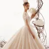 Luxury / Gorgeous Champagne See-through Wedding Dresses 2019 A-Line / Princess Square Neckline Short Sleeve Backless Beading Tassel Glitter Tulle Feather Cathedral Train Ruffle
