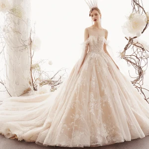 Best Champagne See Through Wedding Dresses 2019 A Line Princess Square Neckline Backless Appliques Lace Flower Pearl Beading Chapel Train Ruffle
