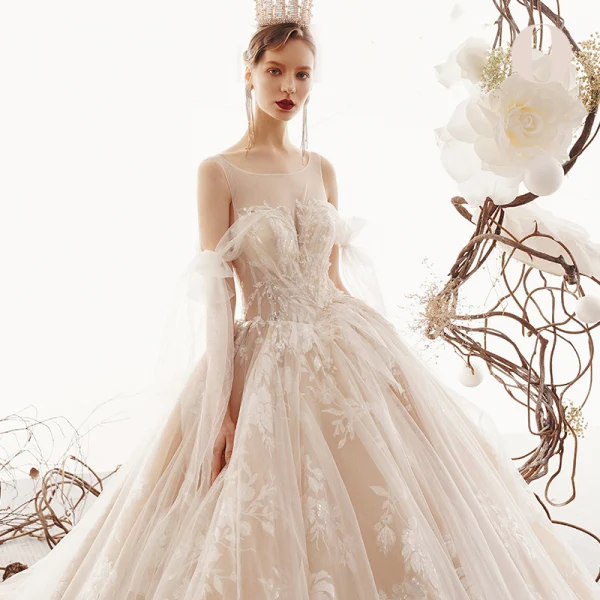 Meilleur Champagne Transparentes Robe De Mariée 2019 Princesse Encolure Carrée Dos Nu Appliques En Dentelle Fleur Perle Perlage Chapel Train Volants