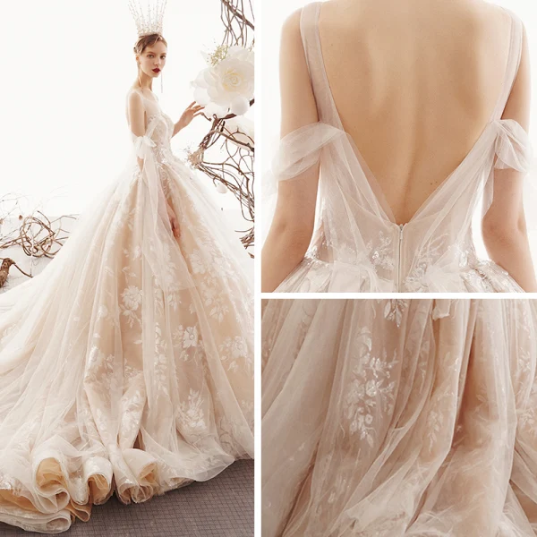 Meilleur Champagne Transparentes Robe De Mariée 2019 Princesse Encolure Carrée Dos Nu Appliques En Dentelle Fleur Perle Perlage Chapel Train Volants