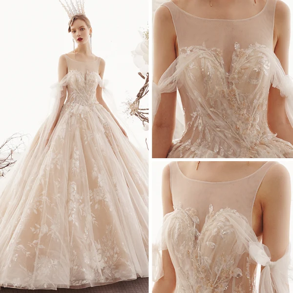 Meilleur Champagne Transparentes Robe De Mariée 2019 Princesse Encolure Carrée Dos Nu Appliques En Dentelle Fleur Perle Perlage Chapel Train Volants