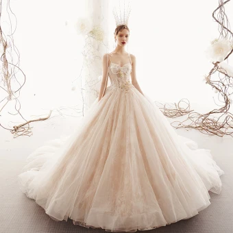 Elegant Champagne Wedding Dresses 2019 Princess Spaghetti Straps Sleeveless Backless Appliques Lace Pearl Beading Chapel Train Ruffle