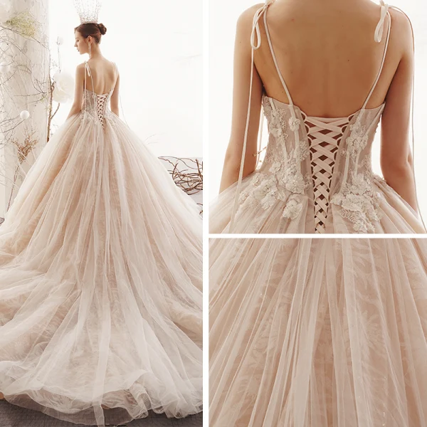 Elegant Champagne Brudekjoler 2019 Prinsesse Spaghettistropper Uten Ermer Ryggløse Appliques Blonder Perle Beading Chapel Train Buste