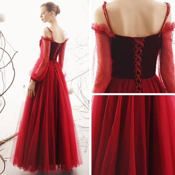 Schöne Rot Abendkleider 2019 A Linie Off Shoulder Geschwollenes Lange Ärmel Lange Rüschen Rückenfreies Festliche Kleider