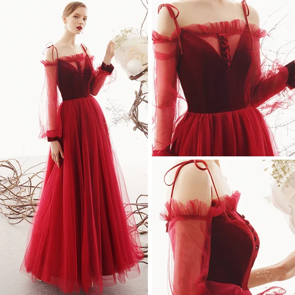 Schöne Rot Abendkleider 2019 A Linie Off Shoulder Geschwollenes Lange Ärmel Lange Rüschen Rückenfreies Festliche Kleider