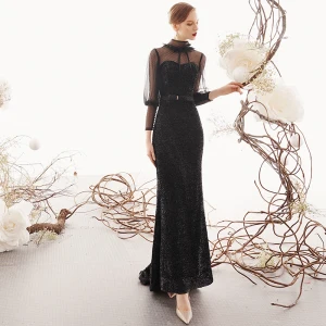 Vintage Originale Noire Transparentes Robe De Soirée 2019 Trompette Sirène Col Haut Gonflée 3 4 Manches Tachetée Tulle Glitter Polyester Noeud Ceinture Train De Balayage Dos Nu Robe De Ceremonie
