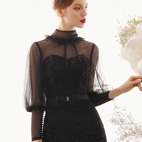Vintage / Originale Noire Transparentes Robe De Soirée 2019 Trompette / Sirène Col Haut Gonflée 3/4 Manches Tachetée Tulle Glitter Polyester Noeud Ceinture Train De Balayage Dos Nu Robe De Ceremonie