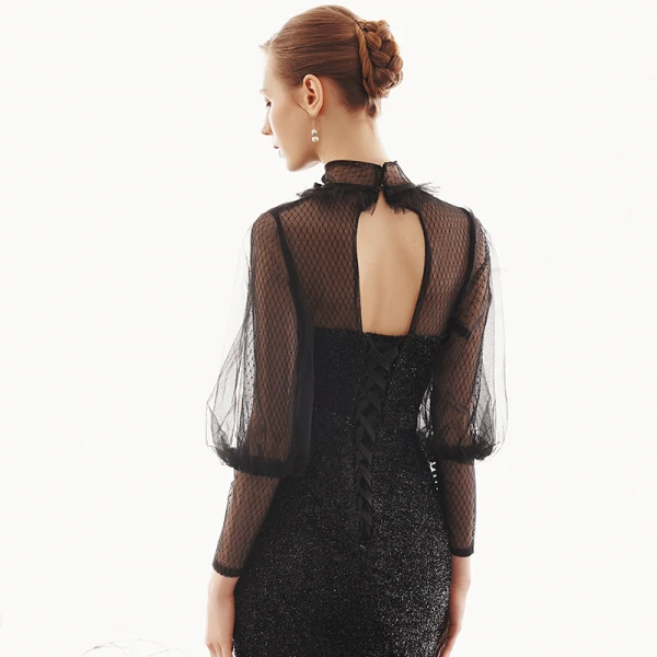Vintage / Originale Noire Transparentes Robe De Soirée 2019 Trompette / Sirène Col Haut Gonflée 3/4 Manches Tachetée Tulle Glitter Polyester Noeud Ceinture Train De Balayage Dos Nu Robe De Ceremonie