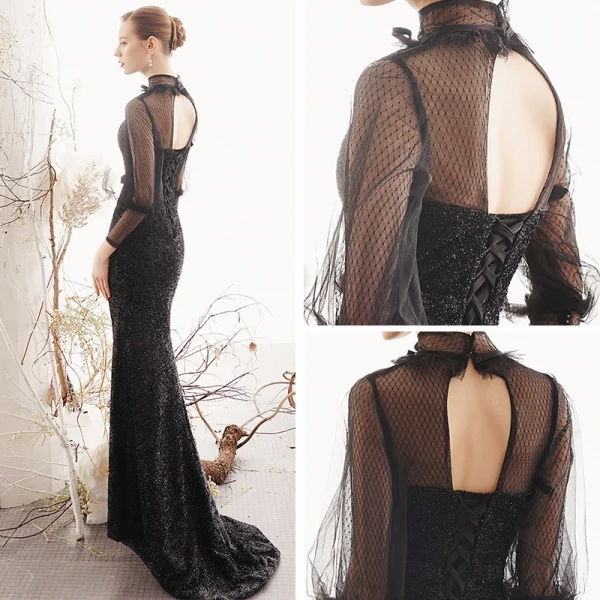 Vintage / Originale Noire Transparentes Robe De Soirée 2019 Trompette / Sirène Col Haut Gonflée 3/4 Manches Tachetée Tulle Glitter Polyester Noeud Ceinture Train De Balayage Dos Nu Robe De Ceremonie
