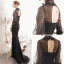 Vintage / Originale Noire Transparentes Robe De Soirée 2019 Trompette / Sirène Col Haut Gonflée 3/4 Manches Tachetée Tulle Glitter Polyester Noeud Ceinture Train De Balayage Dos Nu Robe De Ceremonie