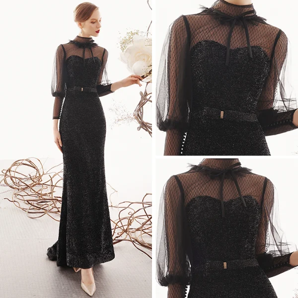 Vintage / Originale Noire Transparentes Robe De Soirée 2019 Trompette / Sirène Col Haut Gonflée 3/4 Manches Tachetée Tulle Glitter Polyester Noeud Ceinture Train De Balayage Dos Nu Robe De Ceremonie